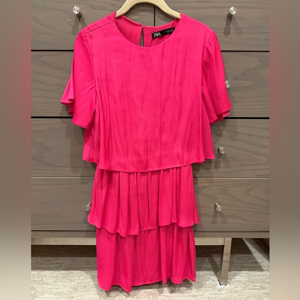 Zara Hot Pink Satin Layered Mini Dress Sz Small